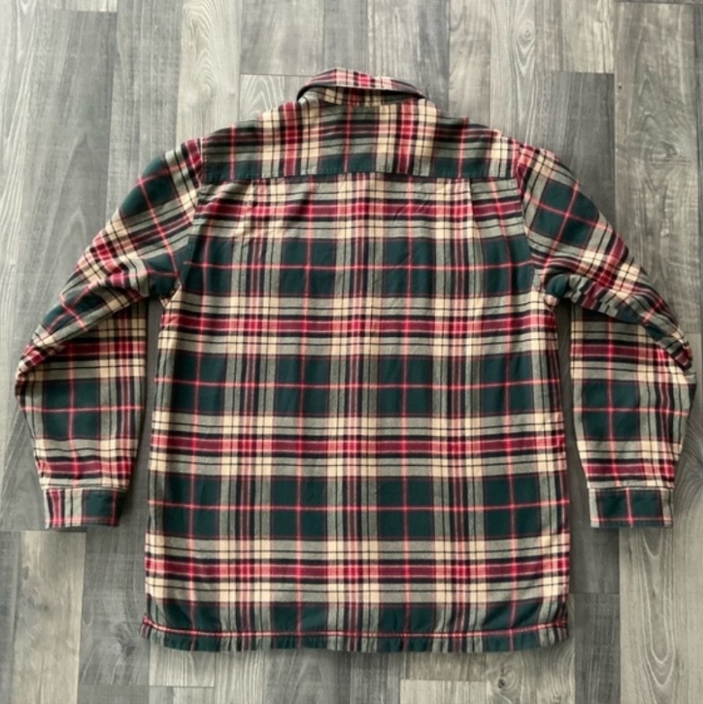 LL Bean Fleece Lined Flannel Shirt Jacket 
# 250393
Men’s Medium 
Green Tan Red